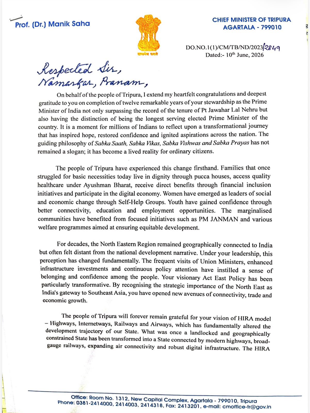 CM Manik Saha Congratulates PM Modi 