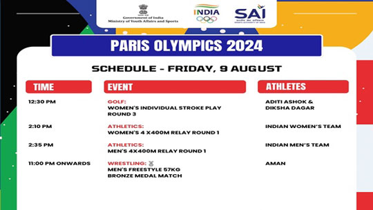 Indian Athletes Compete in Wrestling, Golf, and Athletics at Paris Olympics today