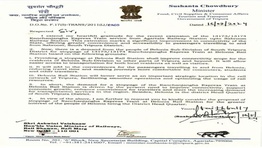 Tripura transport minister writes to Centre for Kanchanjangha Express stoppage at Belonia