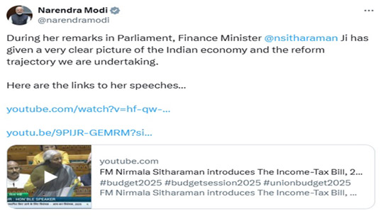 PM Modi Lauds FM Sitharaman’s Speech in Parliament on Union Budget, Introduction of Income Tax Bill