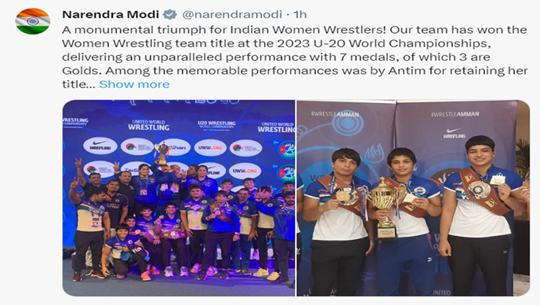 PM Modi congratulates Indian Women Wrestling team on winning team title at 2023 U-20 World Championships