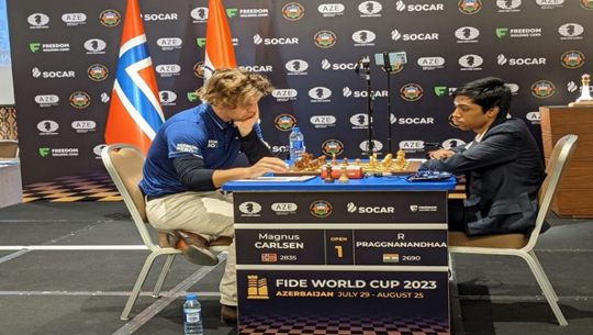 FIDE World Cup: Indian Grandmaster Rameshbabu Praggnanandhaa and World No. 1 Magnus Carlsen ended in a draw after 35 moves, in Baku