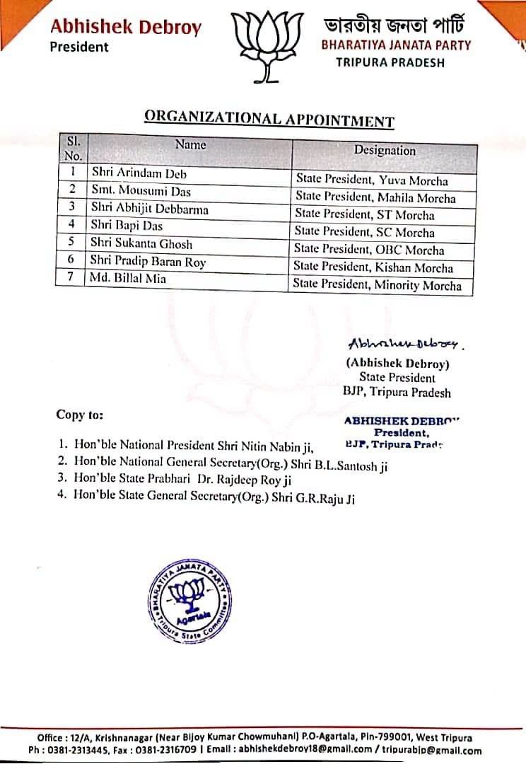 BJP Tripura Reshuffles Organisation